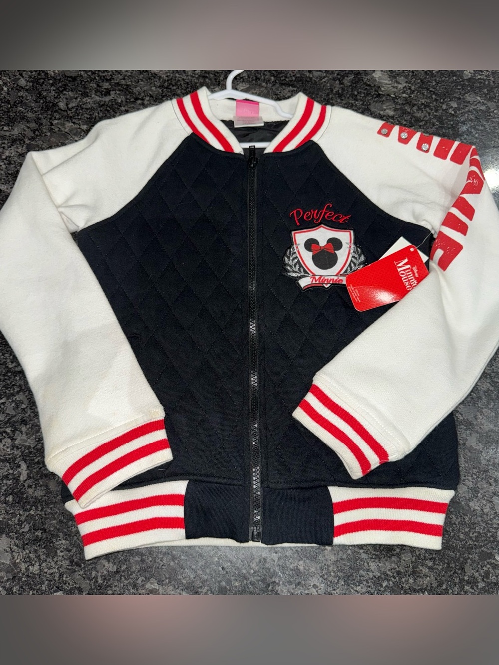 Disney Black and White Quilted Bomber Jacket with Red Trim